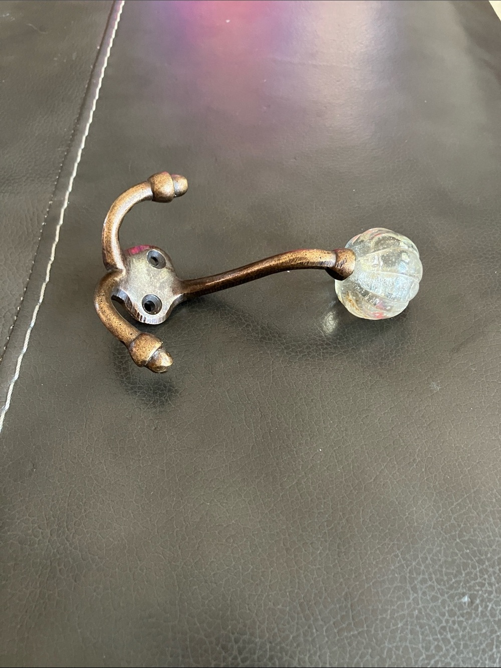 Antique Brass Wall Hook with Decorative Glass Knob - Brown & Clear